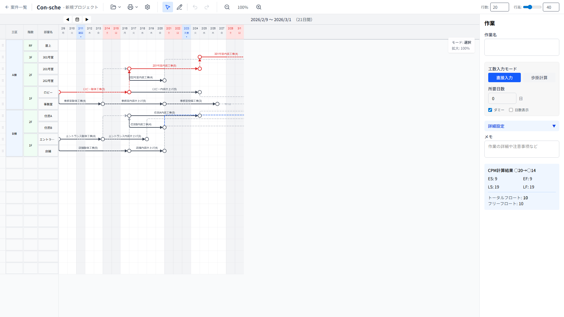 アクティビティのプロパティパネル
